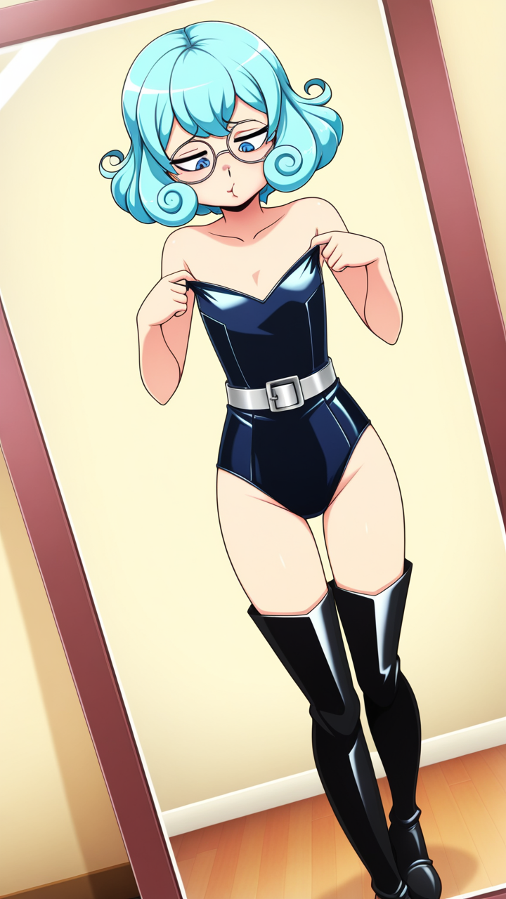 水色内巻きセミロング貧乳長身 鏡越し_アニメエロ画像 AI エロ画像