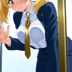 【エロ画像】金髪ツインテール筋肉質×ガラスおっぱい押し付け_AI_アニメエロ画像