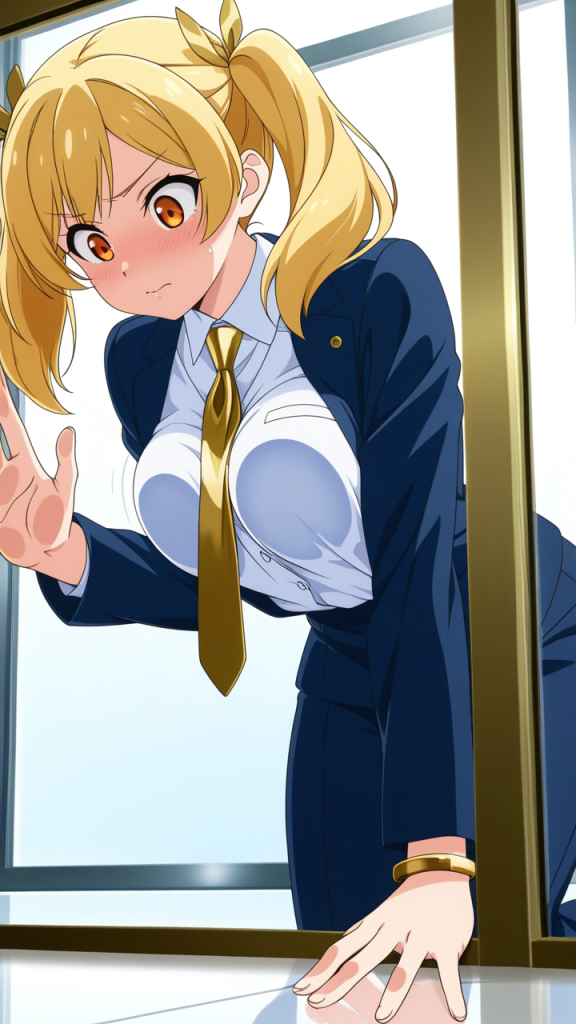 金髪ツインテール筋肉質 ガラスおっぱい押し付け_アニメエロ画像 AI エロ画像