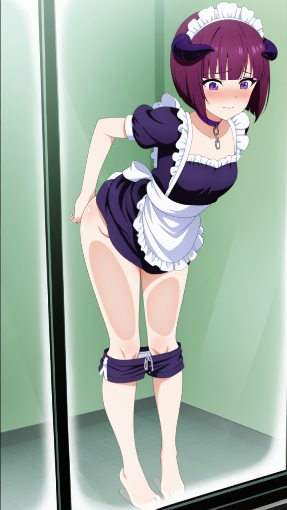 紫髪ボブ巨乳悪魔メイド ガラスお尻押し付け_アニメエロ画像 AI エロ画像