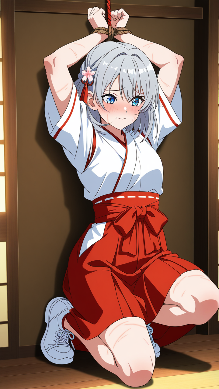 グレーハーフアップ筋肉質巫女 縛り・拘束_アニメエロ画像 AI エロ画像