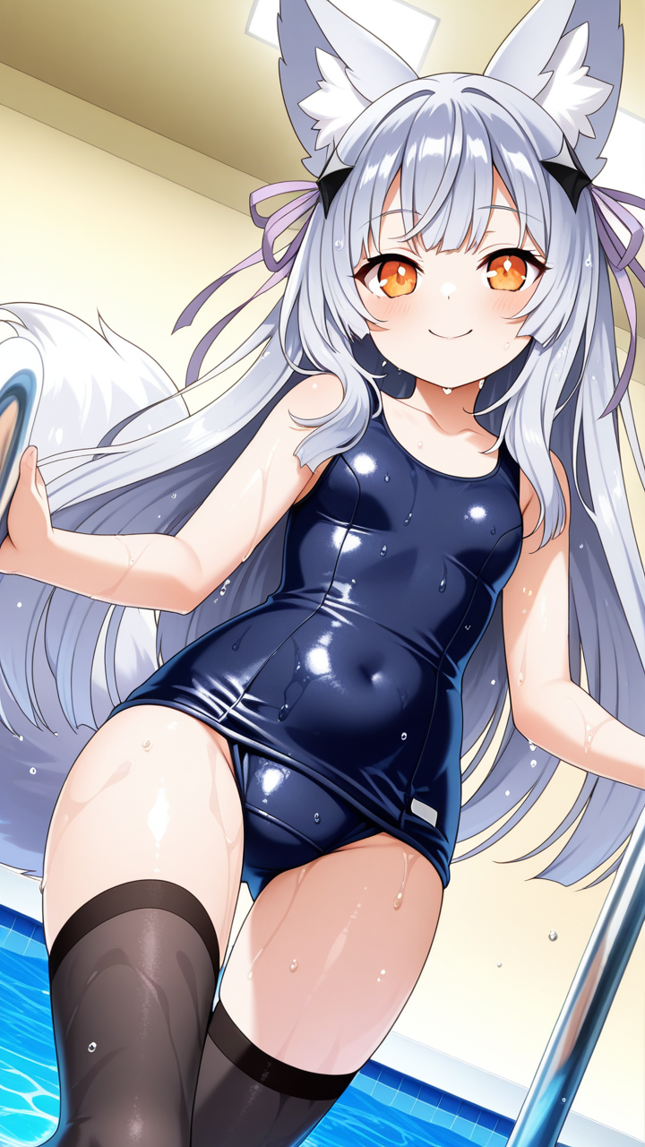 グレーセミロングむっちり小柄 スクール水着_アニメエロ画像 AI エロ画像