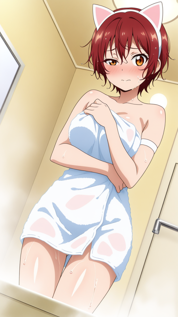 赤髪くせ毛ショートスレンダー お風呂・入浴_アニメエロ画像 AI エロ画像