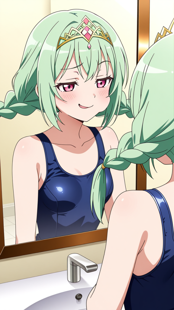 緑髪ツインおさげ貧乳 鏡越し_アニメエロ画像 AI エロ画像