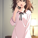 【エロ画像】茶髪ハーフアップむっちり小柄×寝起き・パジャマ_AI_アニメエロ画像