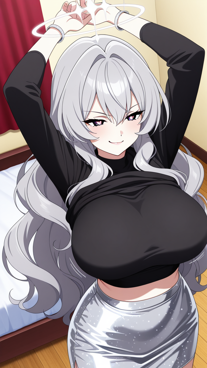 グレー髪ウェーブロンググラマラ 巨乳・爆乳_アニメエロ画像 AI エロ画像