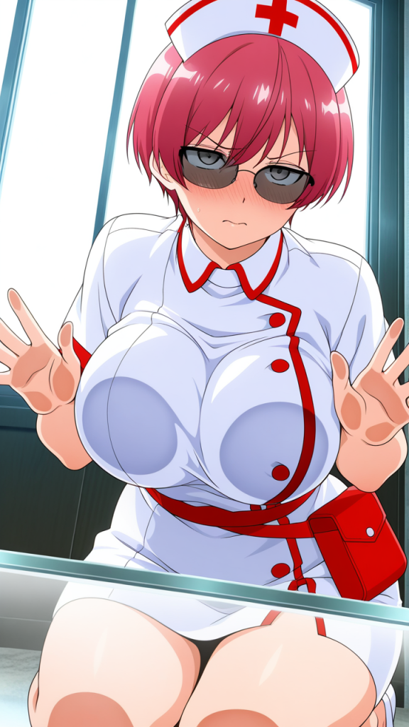 ピンクグラデーション髪むっちり ガラスおっぱい押し付け_アニメエロ画像 AI エロ画像