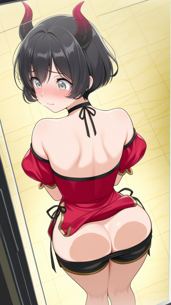 赤髪くせ毛ショートグラマラス ガラスお尻押し付け_アニメエロ画像 AI エロ画像