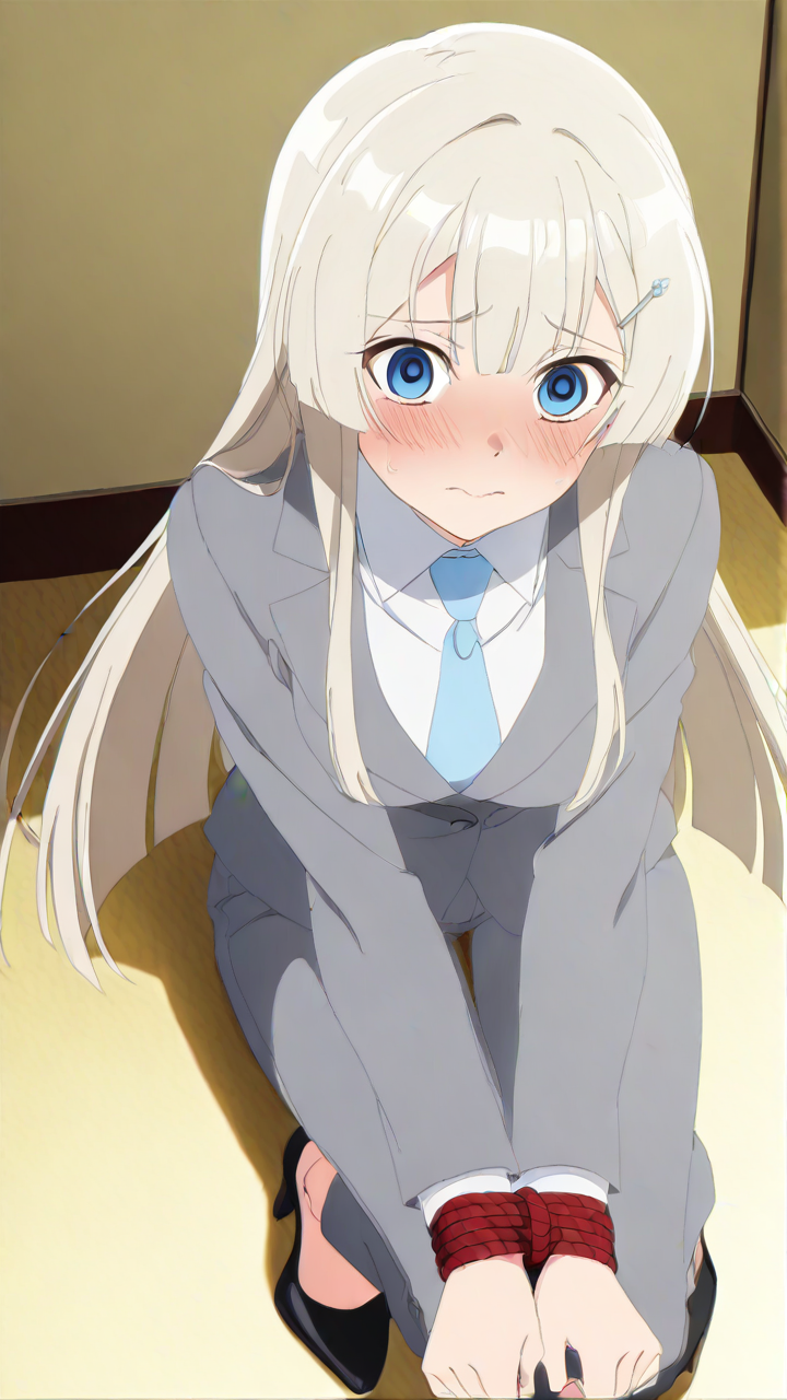 プラチナ髪セミロング筋肉質 手縛り・拘束_アニメエロ画像 AI エロ画像