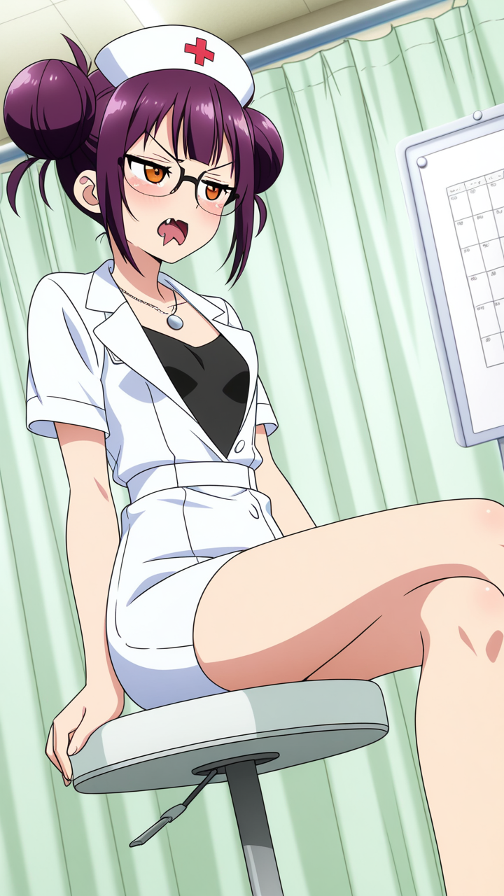 紫髪お団子貧乳長身 ナース服_アニメエロ画像 AI エロ画像