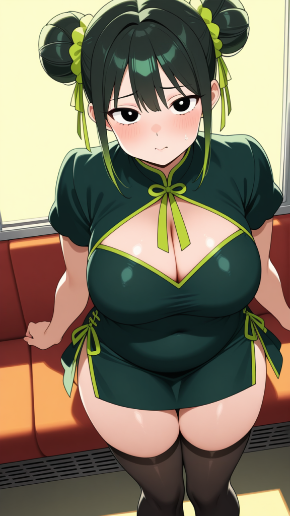 ライム色お団子むっちり ニーソ・絶対領域_アニメエロ画像 AI エロ画像