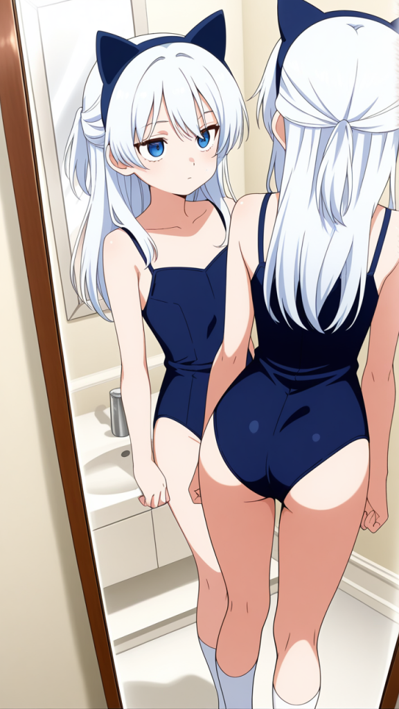 白髪ハーフアップ長身貧乳 鏡越し_アニメエロ画像 AI エロ画像