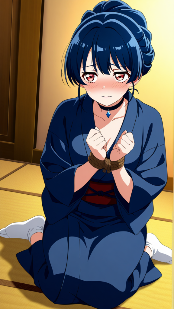 青髪アップスタイル巨乳 手縛り・拘束_アニメエロ画像 AI エロ画像