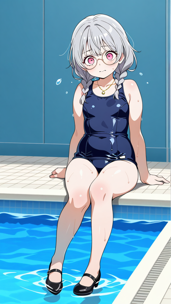 グレー髪三つ編みむっちり小柄 スクール水着_アニメエロ画像 AI エロ画像