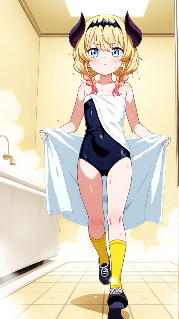 ピンク金髪ツインおさげロリ お風呂・入浴_アニメエロ画像 AI エロ画像