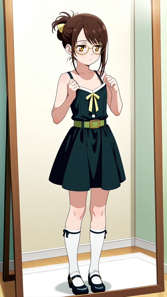 ライムグリーンハーフアップロリ 鏡越し_アニメエロ画像 AI エロ画像