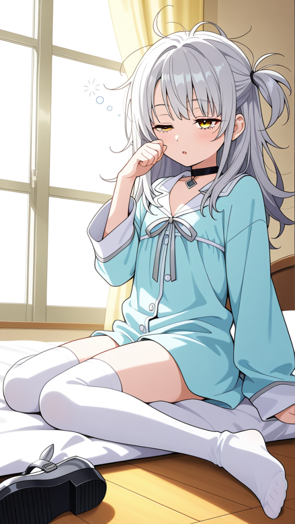 銀髪サイドテールロリ 寝起き・パジャマ_アニメエロ画像 AI エロ画像