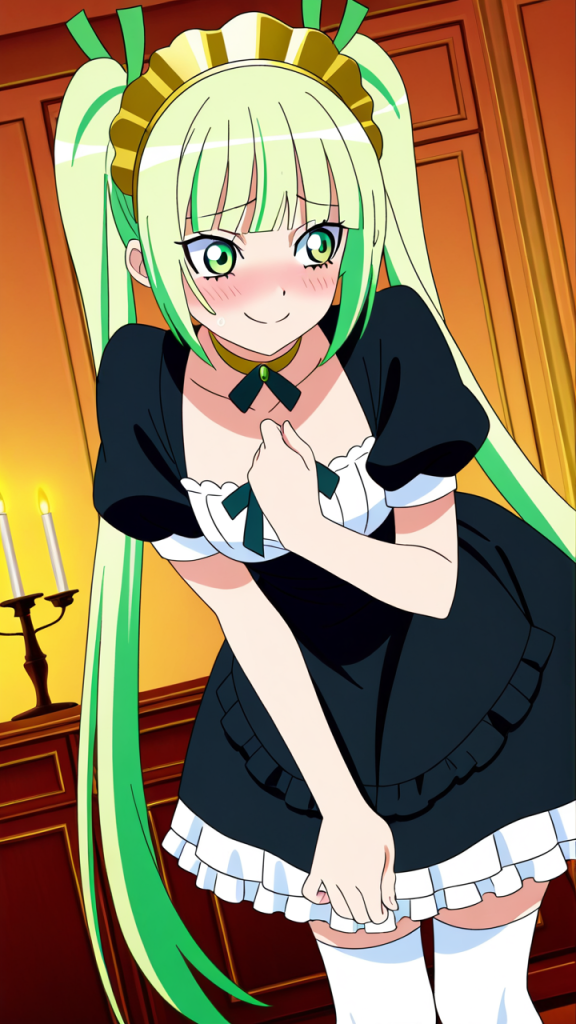 ライム緑ツインテールスレンダー メイド服_アニメエロ画像 AI エロ画像