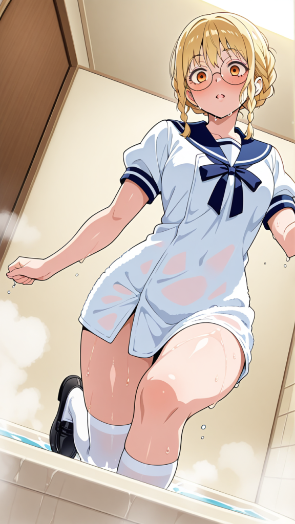 金髪三つ編み筋肉質 お風呂・入浴_アニメエロ画像 AI エロ画像