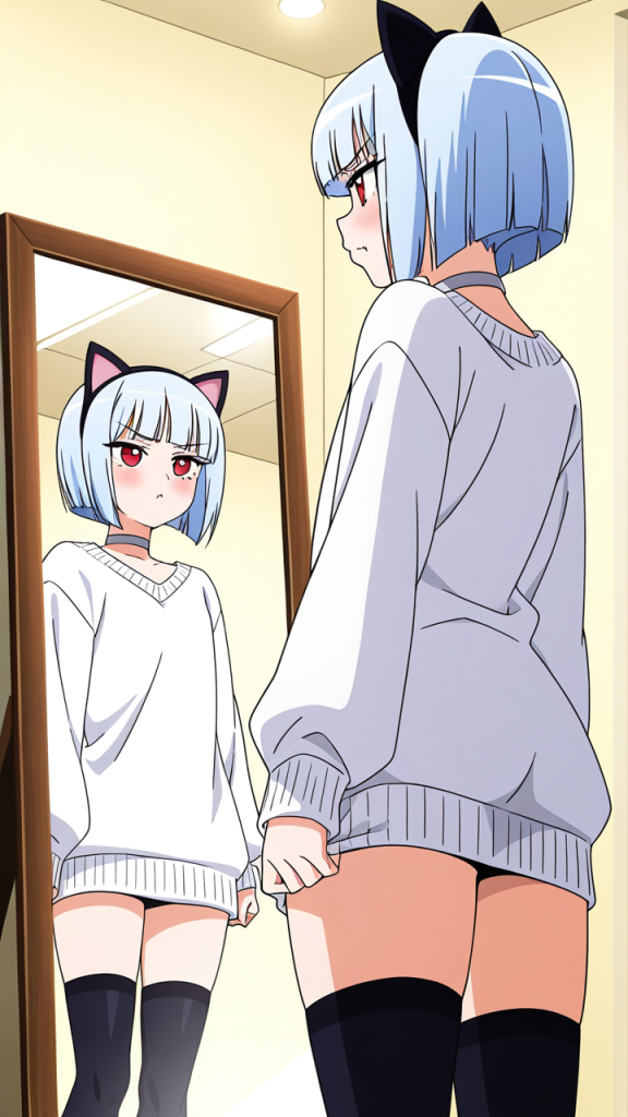 水色ボブ貧乳小柄 鏡越し_アニメエロ画像 AI エロ画像