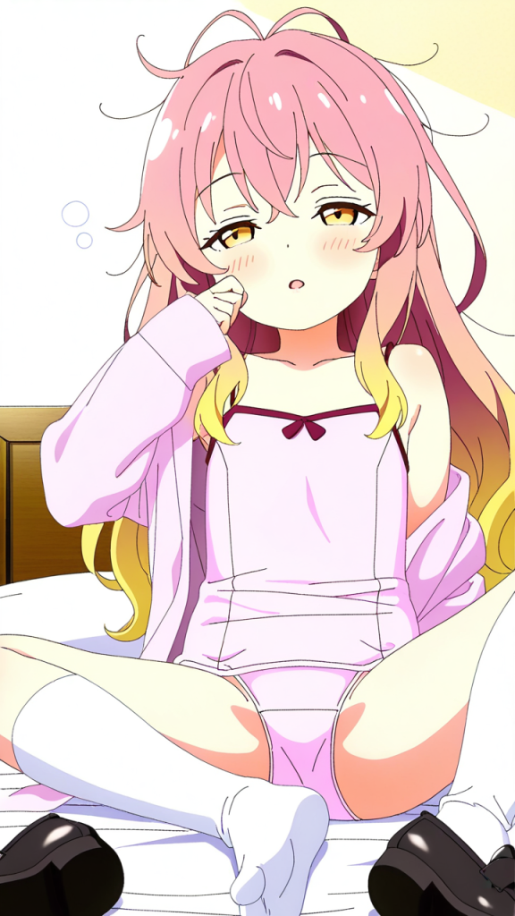 ピンク髪ハーフアップロリ体型 寝起き・パジャマ_アニメエロ画像 AI エロ画像
