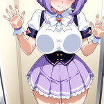 【エロ画像】紫髪外ハネボブ巨乳×ガラスおっぱい押し付け_AI_アニメエロ画像