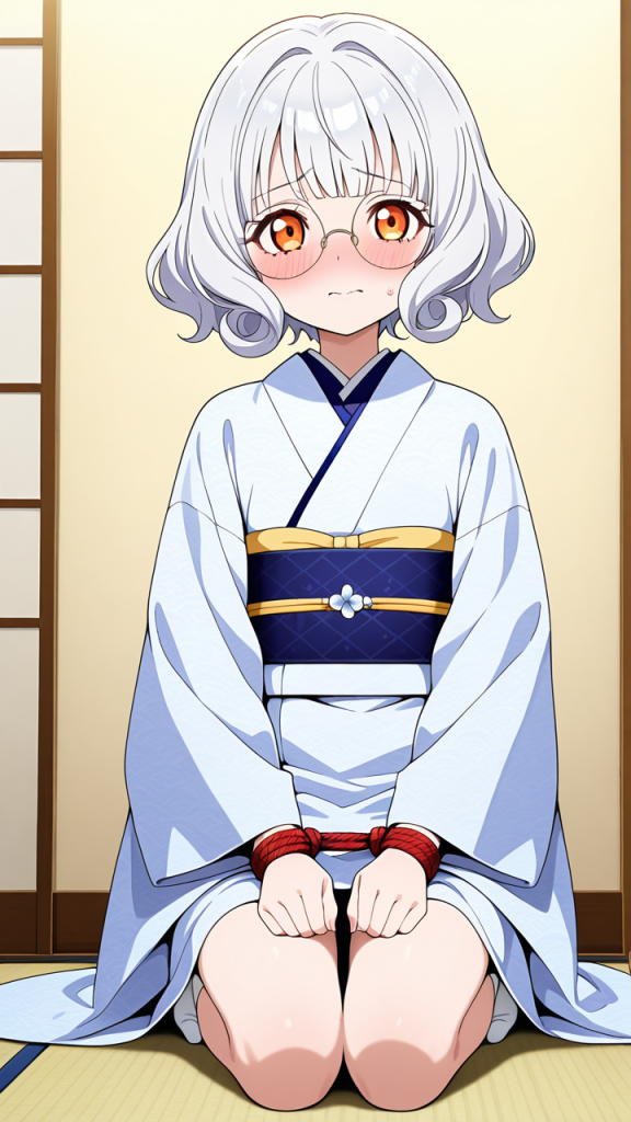 白髪内巻きセミロング貧乳小柄 手縛り・拘束_アニメエロ画像 AI エロ画像