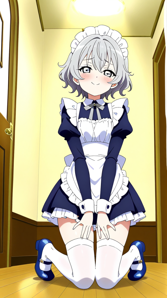 銀髪くせ毛ショートむっちり メイド服_アニメエロ画像 AI エロ画像