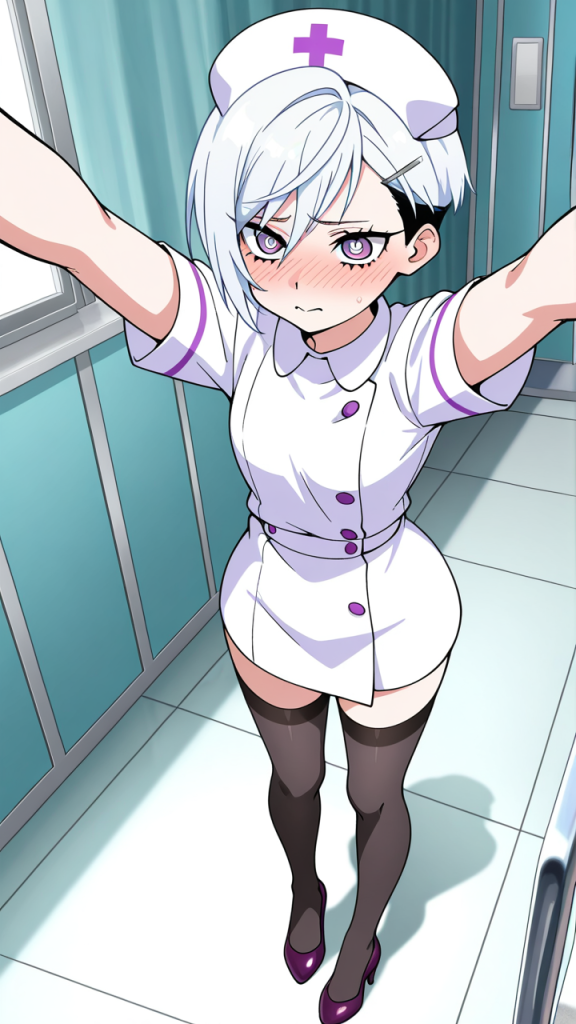 白髪刈り上げショート細身 ナース服_アニメエロ画像 AI エロ画像