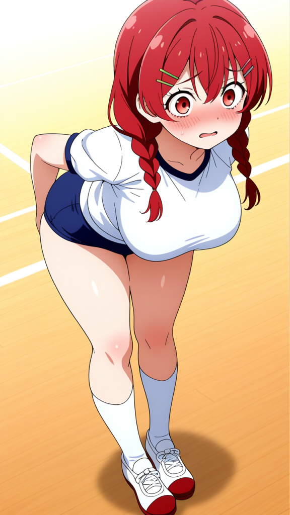 赤髪ツインおさげ巨乳むっちり 体操服・ブルマ_アニメエロ画像 AI エロ画像