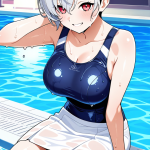 【エロ画像】白髪刈り上げショート高身長スレ×スクール水着_AI_アニメエロ画像