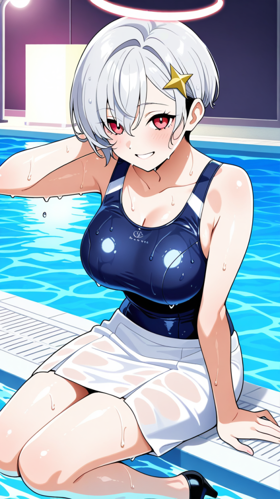 白髪刈り上げショート高身長スレ スクール水着_アニメエロ画像 AI エロ画像