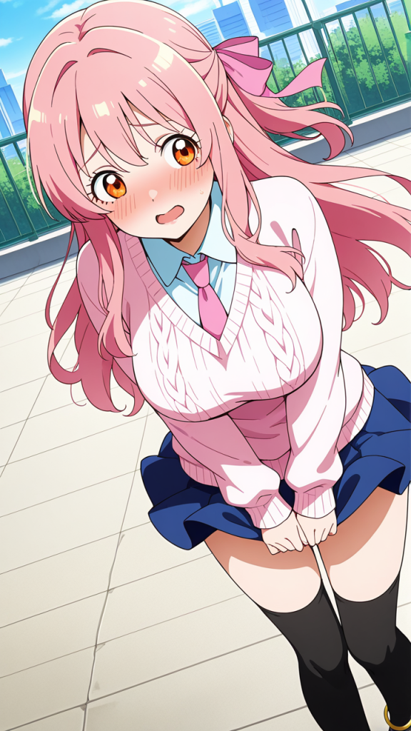 ピンク髪ハーフアップグラマラス 野外露出_アニメエロ画像 AI エロ画像