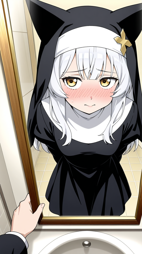 白髪内巻きセミロング長身貧乳 鏡越し_アニメエロ画像 AI エロ画像