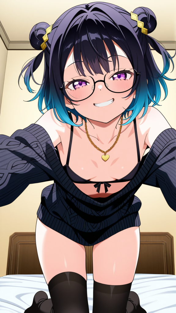 黒青グラデーション団子巨乳 貧乳・微乳_アニメエロ画像 AI エロ画像