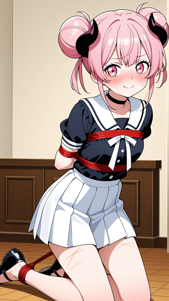 桜色お団子ヘア細身長身 縛り・拘束_アニメエロ画像 AI エロ画像