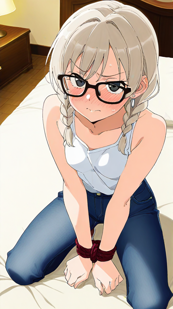 プラチナ金髪三つ編み貧乳小柄 手縛り・拘束_アニメエロ画像 AI エロ画像