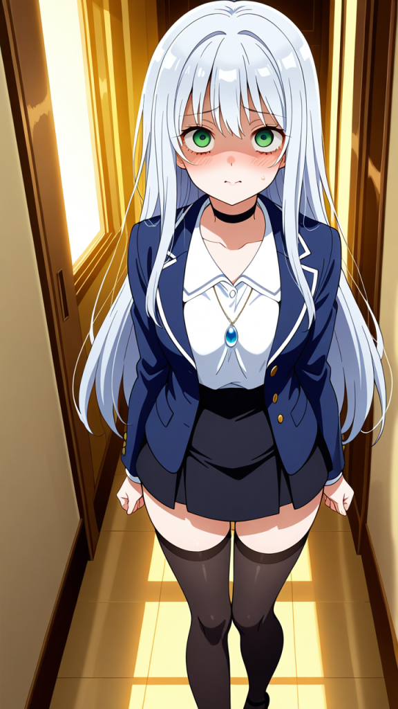 白髪セミロングスレンダー ニーソ・絶対領域_アニメエロ画像 AI エロ画像