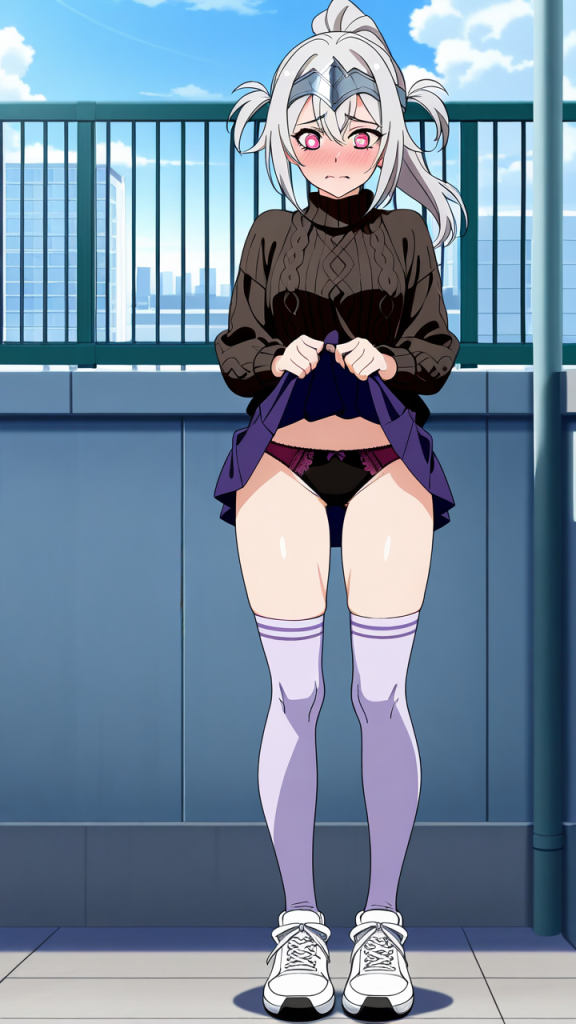 銀髪ポニーテール筋肉質 野外露出_アニメエロ画像 AI エロ画像