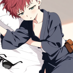 【エロ画像】赤髪刈り上げショート貧乳小柄×寝起き・パジャマ_AI_アニメエロ画像