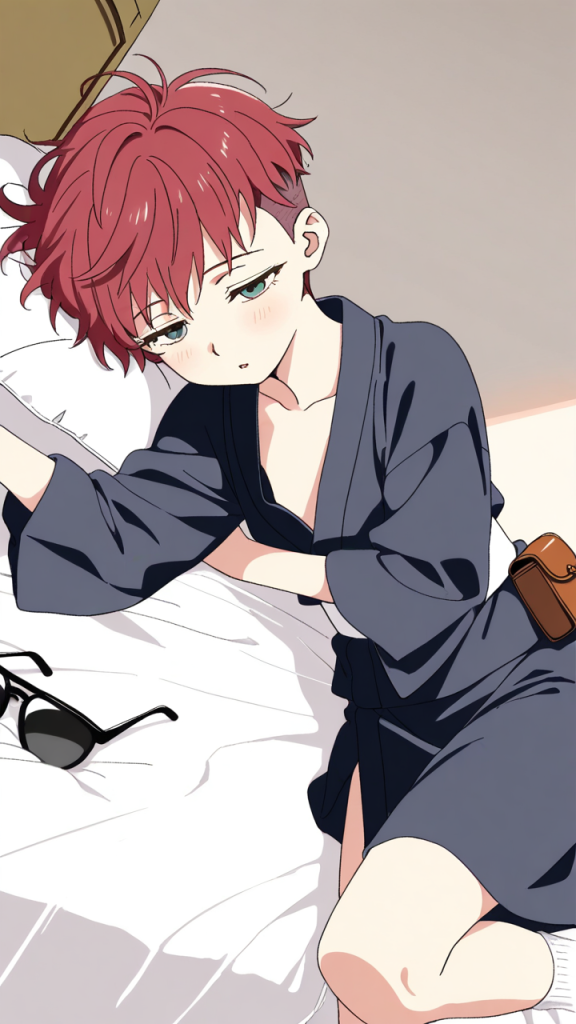 赤髪刈り上げショート貧乳小柄 寝起き・パジャマ_アニメエロ画像 AI エロ画像