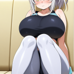 【エロ画像】銀髪ポニーテール長身貧乳×巨乳・爆乳_AI_アニメエロ画像