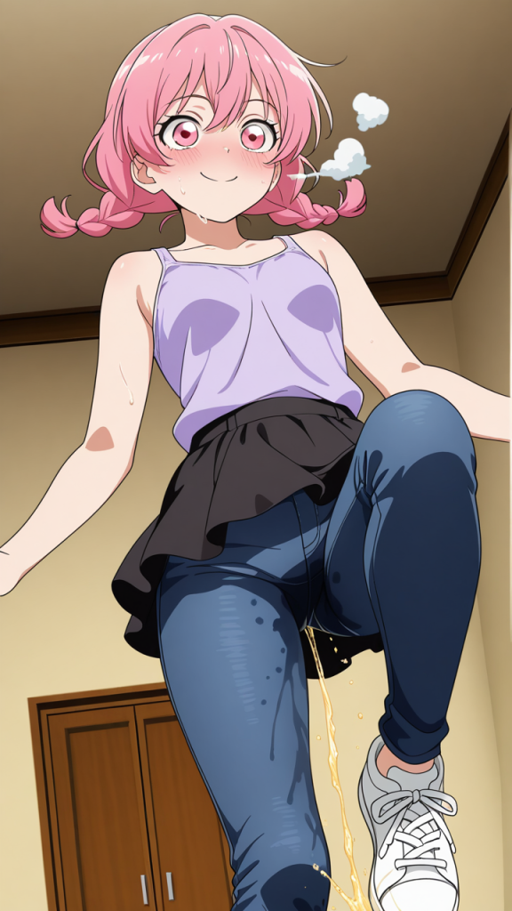 マゼンタツインおさげ細身長身 おしっこ・放尿_アニメエロ画像 AI エロ画像