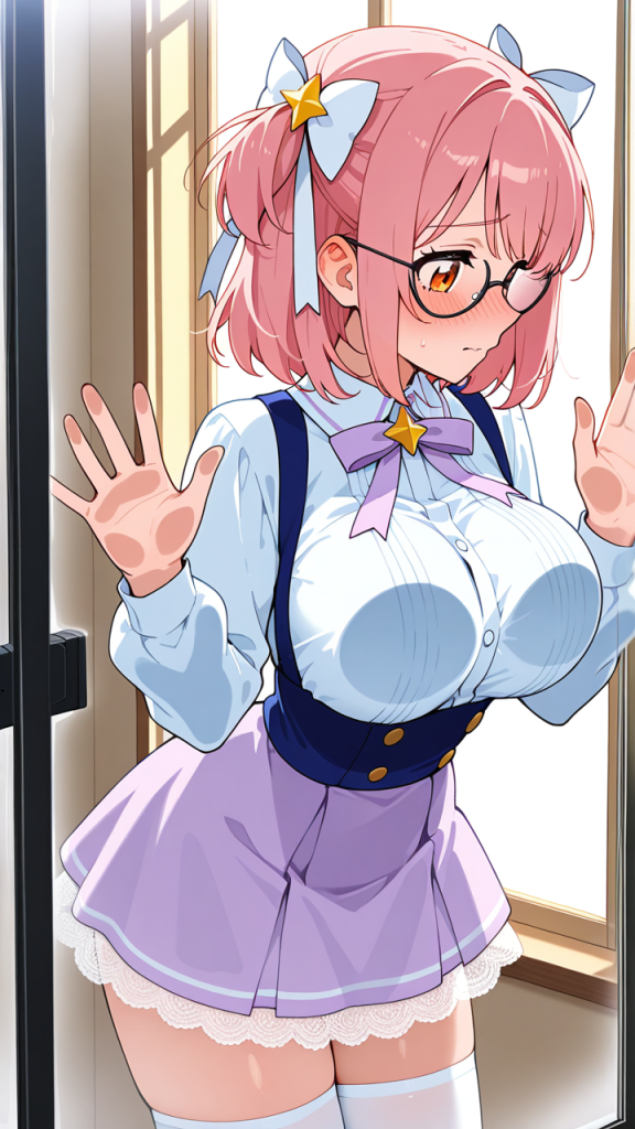 ピンク髪アップ細身魔法少女 ガラスおっぱい押し付け_アニメエロ画像 AI エロ画像