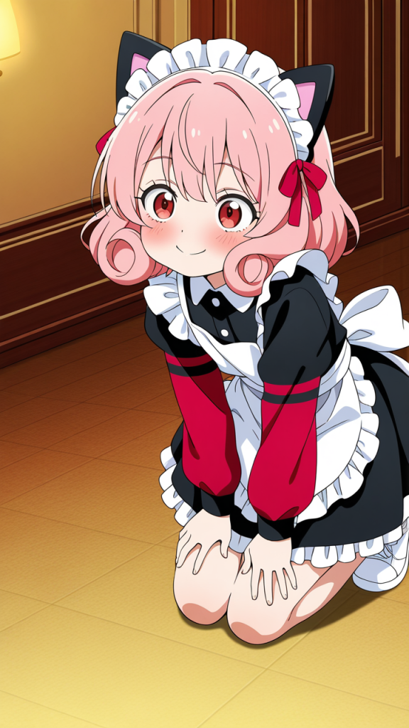 ピンク髪セミロングロリ体型 メイド服_アニメエロ画像 AI エロ画像