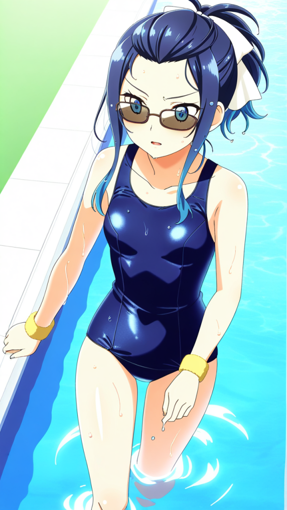 青髪ハーフアップ貧乳 スクール水着_アニメエロ画像 AI エロ画像