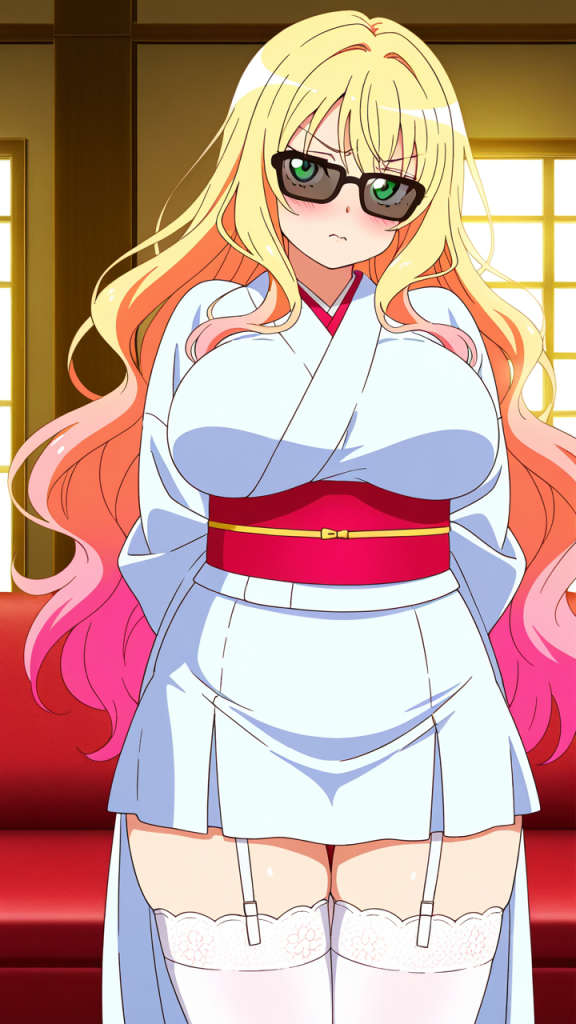 ピンク金髪ウェーブ巨乳むっちり ニーソ・絶対領域_アニメエロ画像 AI エロ画像