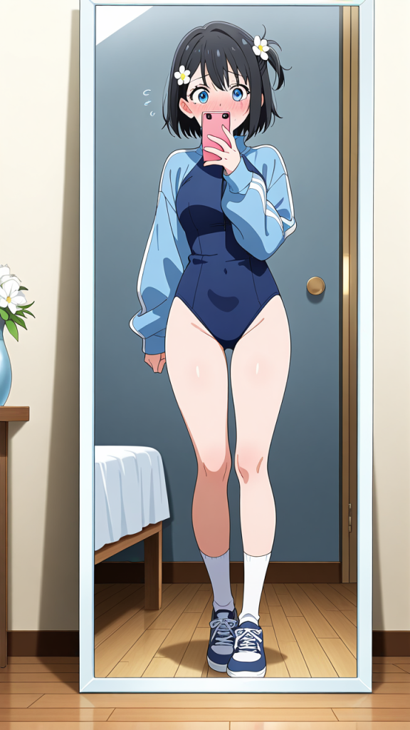 黒髪サイドテールグラマラス 鏡越し_アニメエロ画像 AI エロ画像