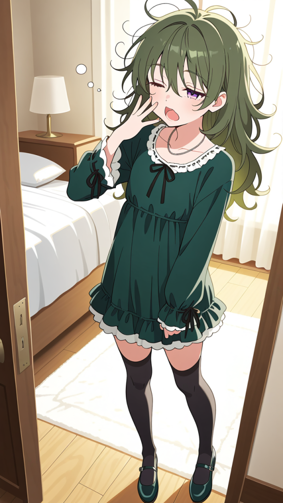 緑髪ツーブロック貧乳 寝起き・パジャマ_アニメエロ画像 AI エロ画像