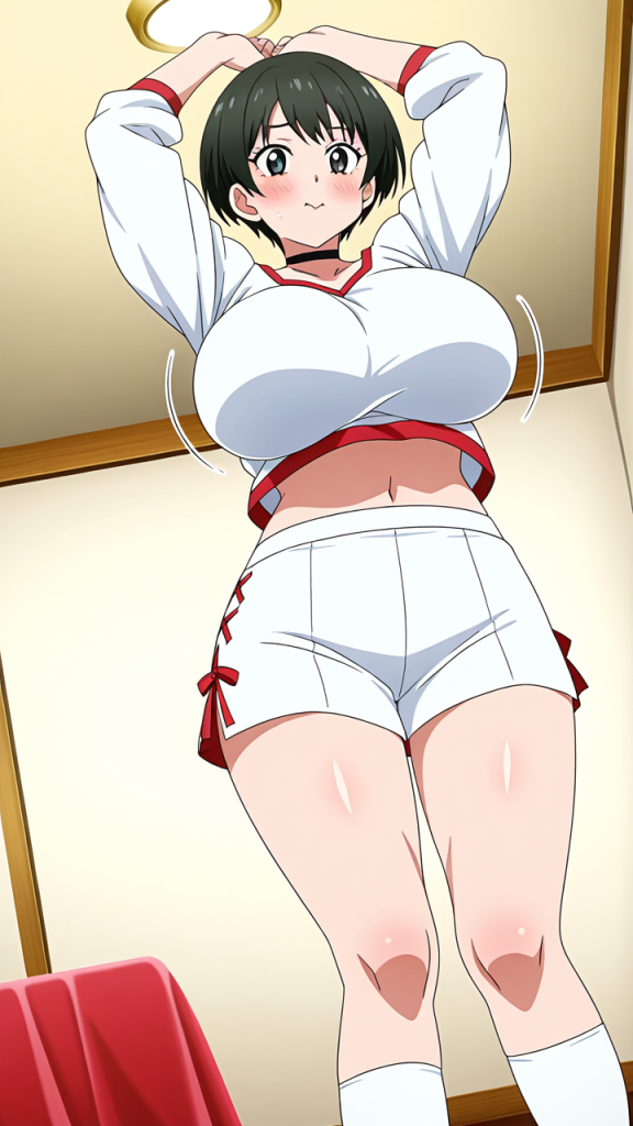 緑髪ショート筋肉質巫女 巨乳・爆乳_アニメエロ画像 AI エロ画像